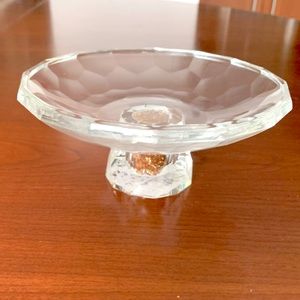 6” round clear glass server art glass shiny gold flakes in clear glass pedestal